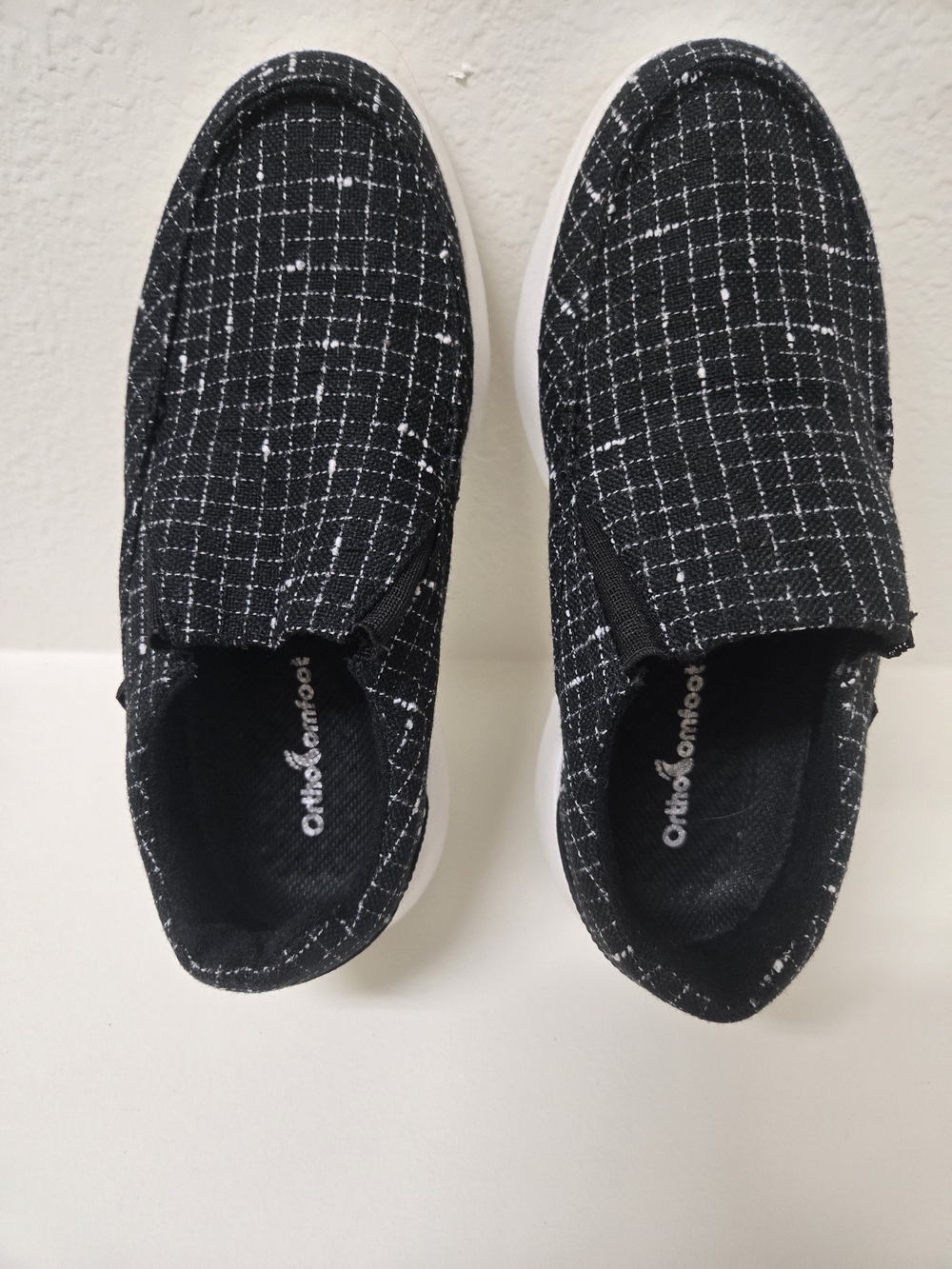 OrthoComfoot Black White Tweed Slip On Orthopedic Shoes